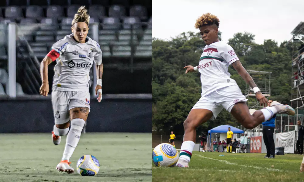 Montagem com fotos de jogadoras de Santos e Fluminense. Times se enfrentam no Brasileirão Feminino