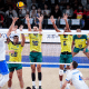 Bloqueio triplo do Brasil, com Darlan, Judson e Adriano, diante da Eslovênia na Liga das Nações de vôlei masculino