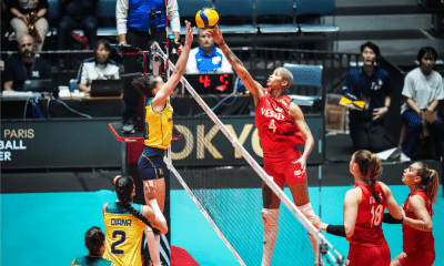 Gabi e Vargas disputam bola na rede antes da Liga das Nações de vôlei feminino, a VNL 2024