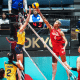 Gabi e Vargas disputam bola na rede antes da Liga das Nações de vôlei feminino, a VNL 2024
