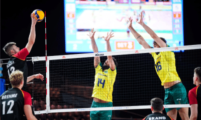 Jogador alemão encara bloqueio duplo do Brasil na Liga das Nações de vôlei masculino - A VNL 2024; ao vivo