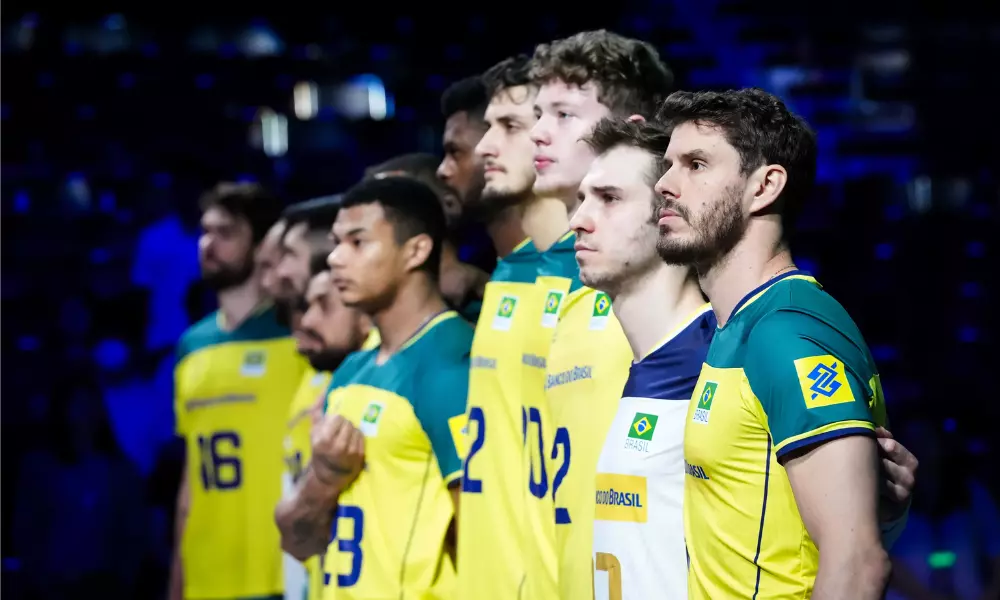 Bruninho, em partida de vôlei masculino do Brasil