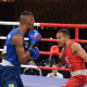 Luta entre Ronaldo Silva (BA), de vermelho, e Caique Cardoso (RR), de azul, pelo Brasileiro Elite de boxe (Lázaro Viana/@lazarovianafoto)