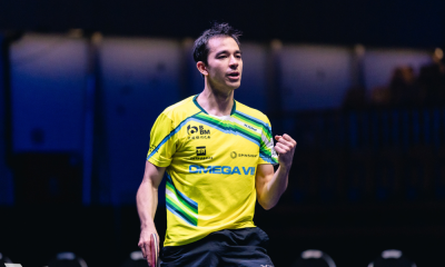 Hugo Calderano vibra com vitória no WTT Star Contender Liubliana sobre Mattias Falck