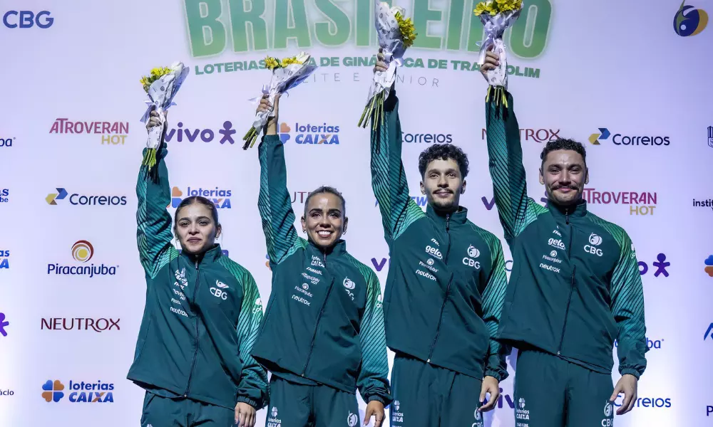 Alice Gomes, Camilla Gomes, Rayan Castro e Gabriel Sousa no anúncio da convocação da ginástica de trampolim de Paris-2024