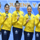 Conjunto do Brasil no pódio do Pan-Americano de ginástica rítmica cinco arcos
