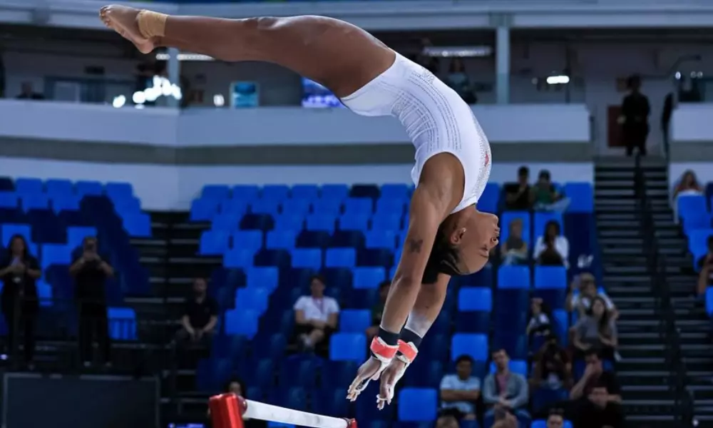 Rebeca Andrade no Troféu Brasil. Ela irá competir daqui um mês nos Jogos Olímpicos Paris-2024