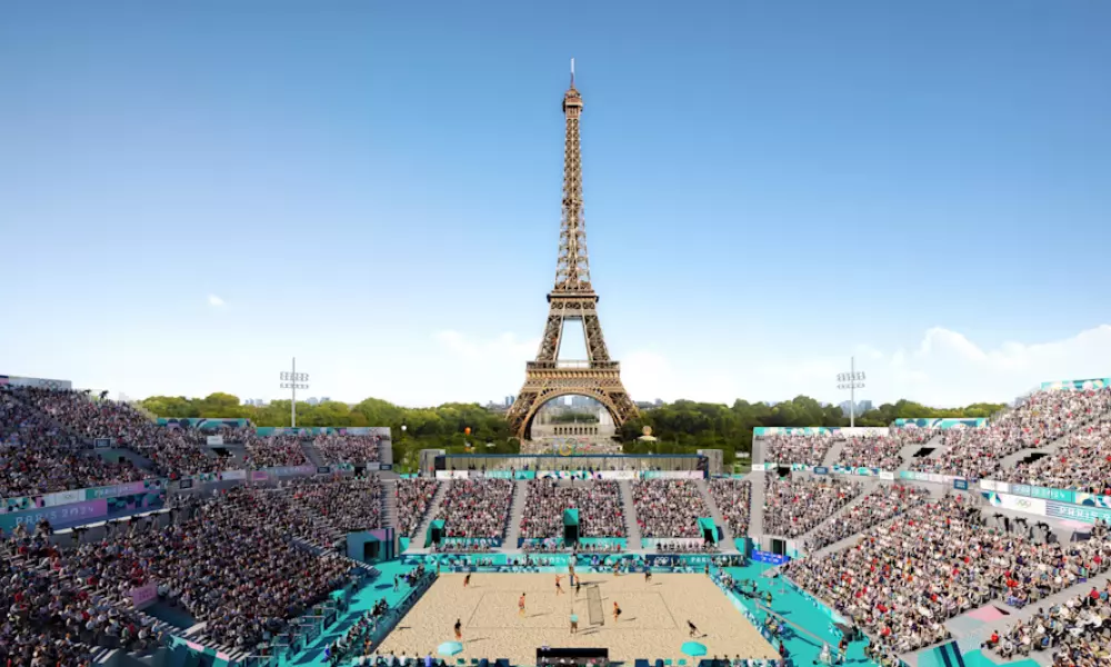 disputas do vôlei de praia nos jogos olímpicos de paris-2024 com a torre eiffel ao fundo