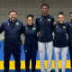 Henrique Marques e Maria Clara Pacheco junto com a comissão técnica do taekwondo brasileiro no World University Taekwondo Festival