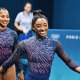 Simone Biles no treino de pódio da ginástica artística nos Jogos Olímpicos de Paris-2024