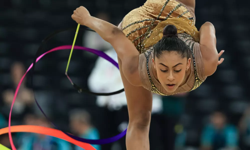 Babi Domingos no treino de pódio da ginástica rítmica nos Jogos Olímpicos de Paris