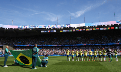 Seleção brasileira de futebol feminino em ação durante Copa América Feminina; em 2025, acontecerá no Equador