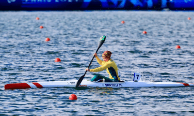 Mari Santilli em ação no caiaque dos Jogos Paralímpicos de Paris-2024; Aline Furtado na paracanoagem