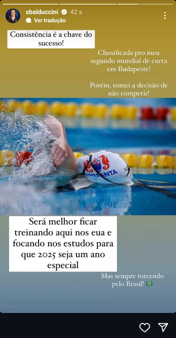 Print de mensagem deixada por Stephanie Balduccini por dispensa no Mundial de Natação em Piscina Curta