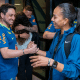 Arthur Elias e Adriana na apresentação da Seleção Feminina