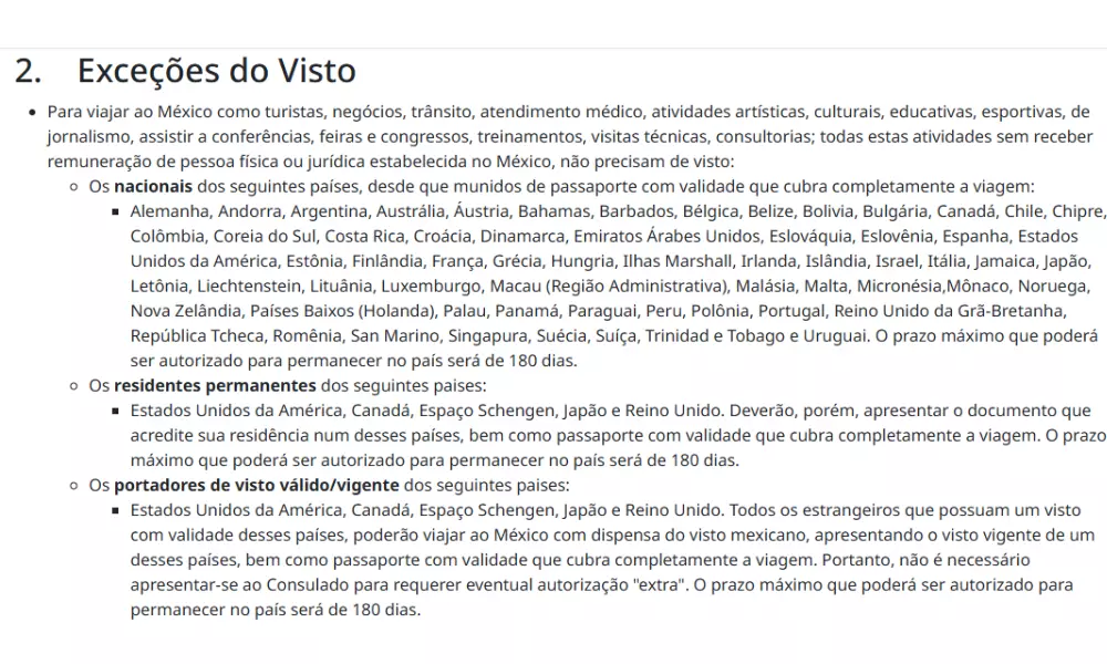 Lista de exceções para visto de entrada no México no site do Consulado Mexicano em SP