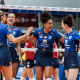 Jogadoras do Minas comemoram ponto contra o Paulistano Barueri nas quartas de final da Superliga Feminina
