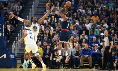 Na imagem, Harden que foi o cestinha contra os Warriors, com 39 pontos.