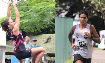 Na imagem, Alice Peroni na corrida de obstáculos e João Vitor Acioly na Laser Run.