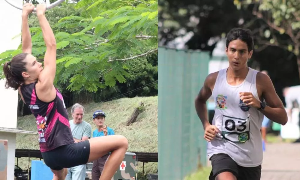 Na imagem, Alice Peroni na corrida de obstáculos e João Vitor Acioly na Laser Run.