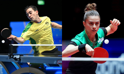 Hugo Calderano e Bruna Takahashi na Copa do Mundo de tênis de mesa