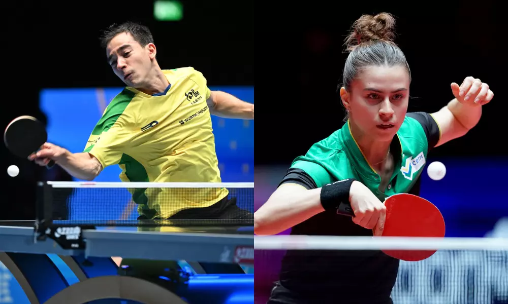 Hugo Calderano e Bruna Takahashi na Copa do Mundo de tênis de mesa