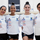 Jojô Santos e Maria Alexandre posam para foto com suas treinadoras na Copa do Mundo de Sófia