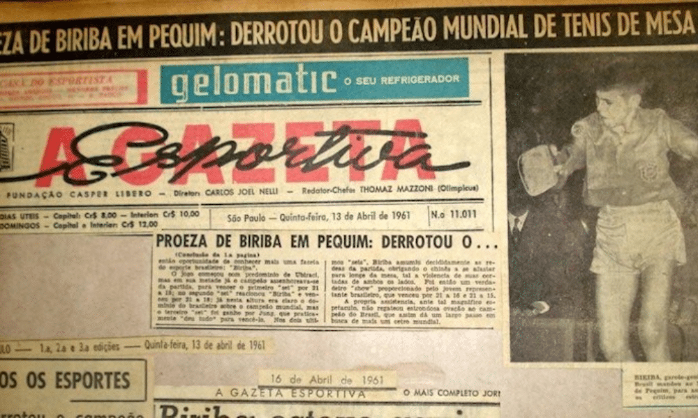 Jornal relata vitória de Biriba no mundial de tênis de mesa de 1961