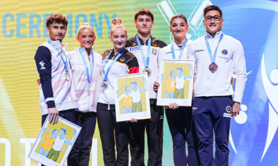 Equipe mista da ginástica artística - Pódio do campeonato europeu com Grã-Bretanha, Alemanha e Itália
