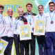 Equipe mista da ginástica artística - Pódio do campeonato europeu com Grã-Bretanha, Alemanha e Itália