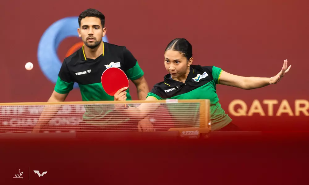 Guilherme Teodoro e Giulia Takahashi no Mundial de tênis de mesa