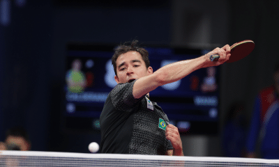 Hugo Calderano durante uma partida no WTT Contender