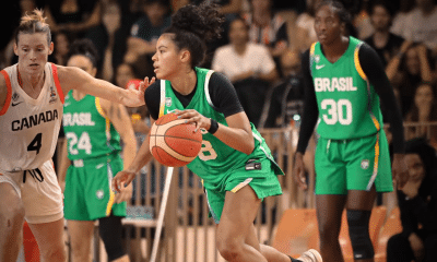 Bella Nascimento em ação contra o Cnadá seleção basquete feminino