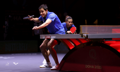 Hugo Calderano e Bruna Takahashi em jogo do WTT Star Contender de Ljubljana
