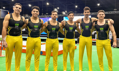 Equipe masculina do Brasil no Pan de ginástica artística: Leo Souza, Patrick Sampaio, Lucas Bitencourt, Johnny Oshiro, Vitaliy Guimarães e Diogo Soares