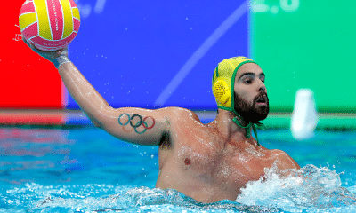 Gustavo Grummy Guimarães em treino da seleção de polo aquático no mundial de esportes aquáticos