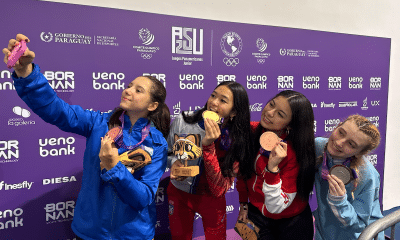Ana Beatriz Fraga, Gabriela Maria Lin Hwang, Carolina Sol Borrelli, Maria Karina Galindo, no pódio do sabre feminino da esgrima durante os Jogos Pan Americanos Júnior Assunção-2025