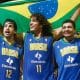 Guilherme Giovanoni, Anderson Varejão e Olivinha comemoram o título da Copa América de 2009 (Divulgação/CBB)
