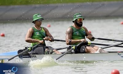 Na imagem, Diana Barcelos e Valdeni da Silva Júnior remando em sua raia.