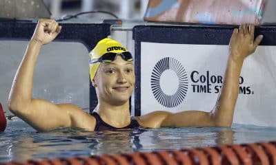 Na imagem, Manuela Sega comemorando a nova marca de recorde nos 50m peito no Sul-americano juvenil.