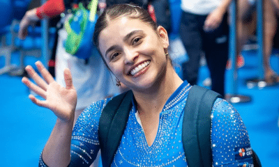 Alice Gomes durante a Copa do Mundo de Ginástica de Trampolim em Antibes, onde alcançou a semifinal do individual feminino