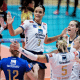 Jogadoras do Gerdau Minas comemoram ponto durante a vitória sobre o Batavo Mackenzie na Arena UNI-BH