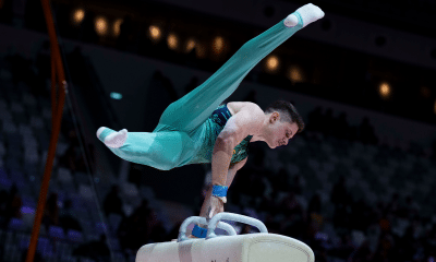 Diogo Soares se apresenta no cavalo com alças no Mundial de Ginástica Artística