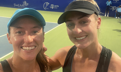 Mas - Gabriella Dabrowdki e Luisa Stefani se cumprimentam durante jogo duplas tênis retomada retorno volta