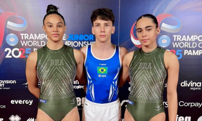 Arthur, Gabriela e Eduarda, da Ginástica de Trampolim Júnior.