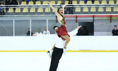 Natalia Pallu-Neves e Jayin Panesar em competição de dança no gelo na Bulgária