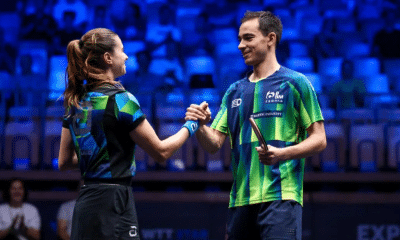 Hugo Calderano e Bruna Takahashi estrearam com derrota nas duplas mistas do WTT Finals (Foto: WTT)