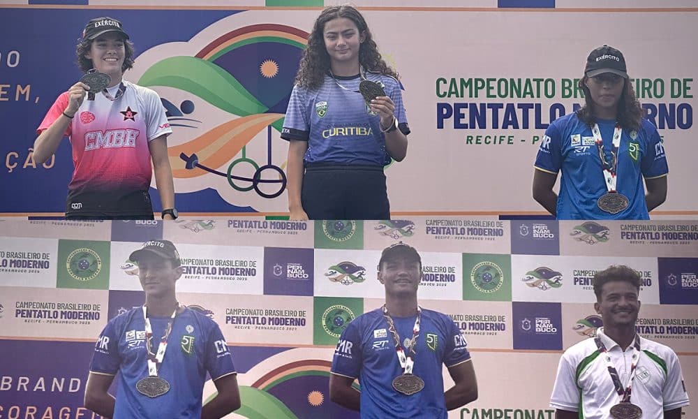 Na imagem, os pódios do Brasileiro de pentatlo moderno, com os campeões Nicole e Rômulo ao centro.