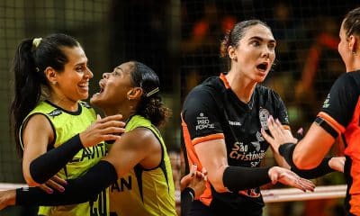 Na imagem, jogadoras do Praia Clube e de Osasco vibrando durante o Mundial de Clubes.