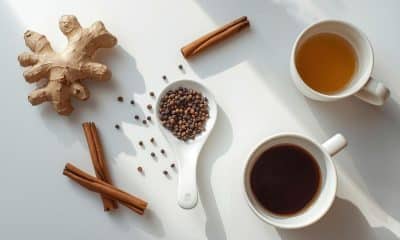 Alimentos termogênicos naturais como gengibre, pimenta e café sobre mesa